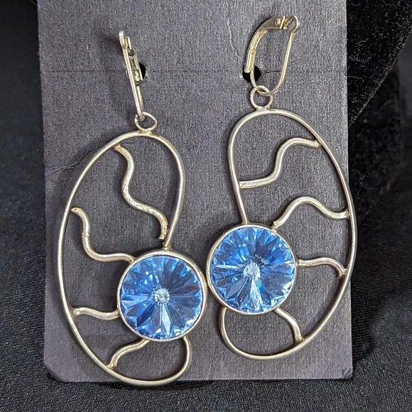 WOW Art Deco SKY BLUE Sterling Silver SWAROVSKI Rivoli Bezel Leverback Earrings - Picture 2 of 3